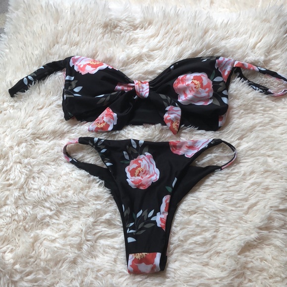 Zaful Other - NWOT black floral off the shoulder cheeky bikini